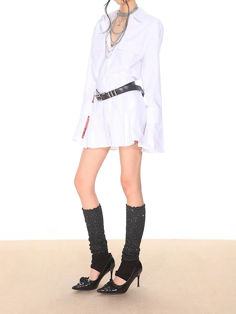 Flare Long Sleeve Pleated Mini Shirt-Dress