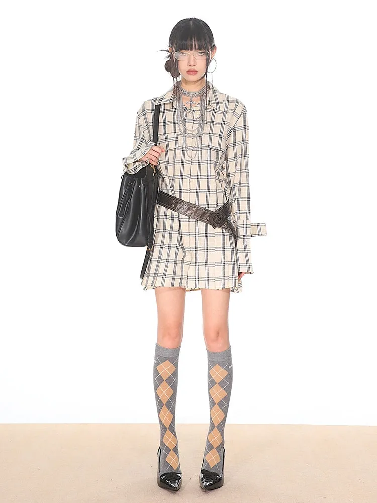 Flare Long Sleeve Pleated Mini Shirt-Dress