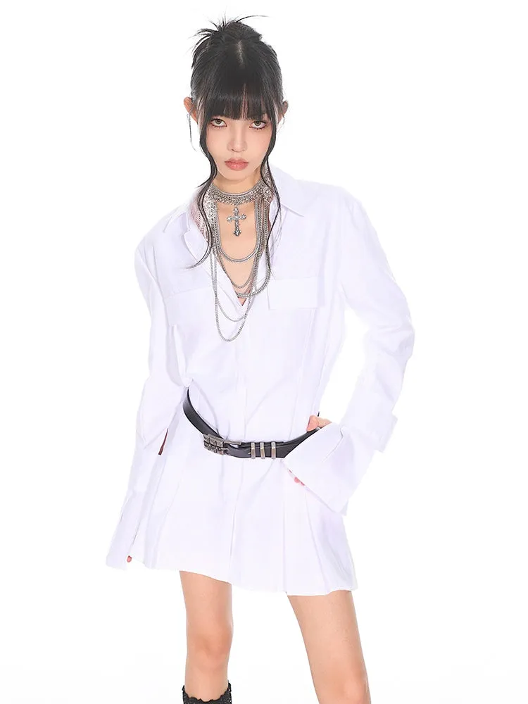 Flare Long Sleeve Pleated Mini Shirt-Dress