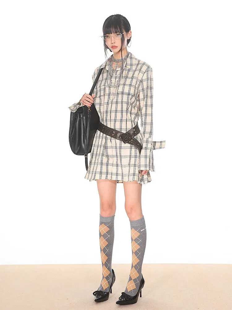 Flare Long Sleeve Pleated Mini Shirt-Dress