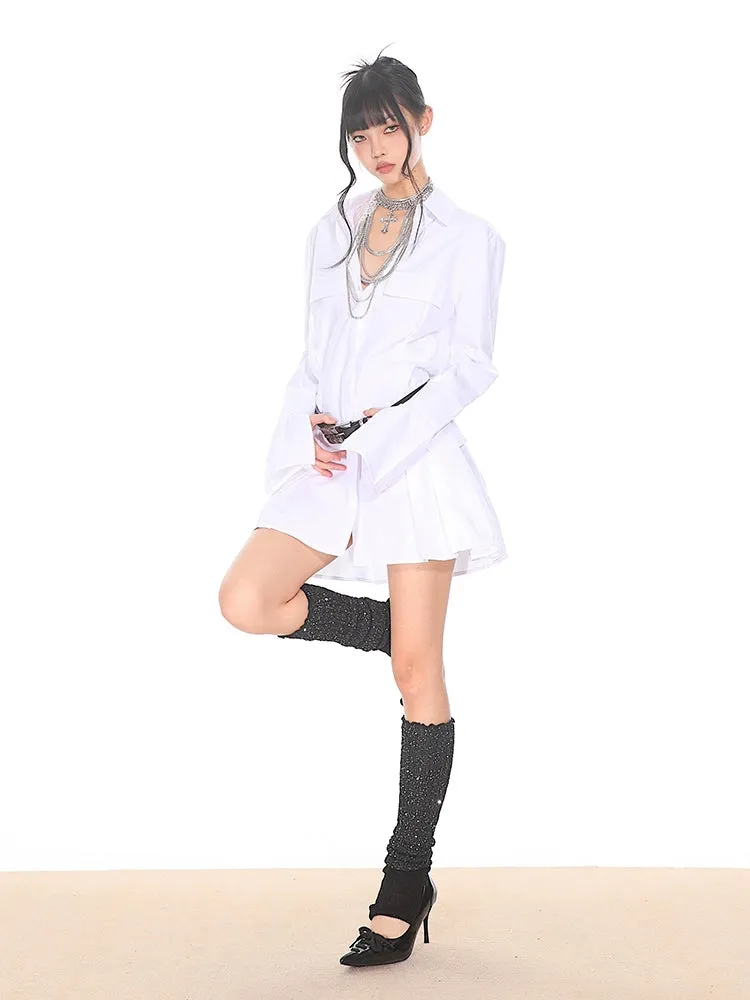 Flare Long Sleeve Pleated Mini Shirt-Dress