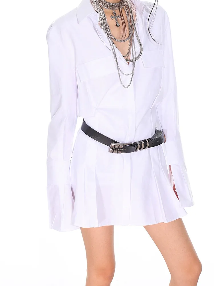 Flare Long Sleeve Pleated Mini Shirt-Dress