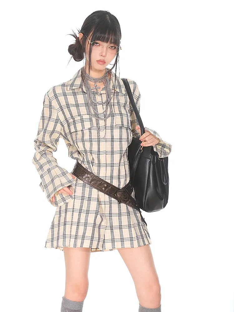 Flare Long Sleeve Pleated Mini Shirt-Dress