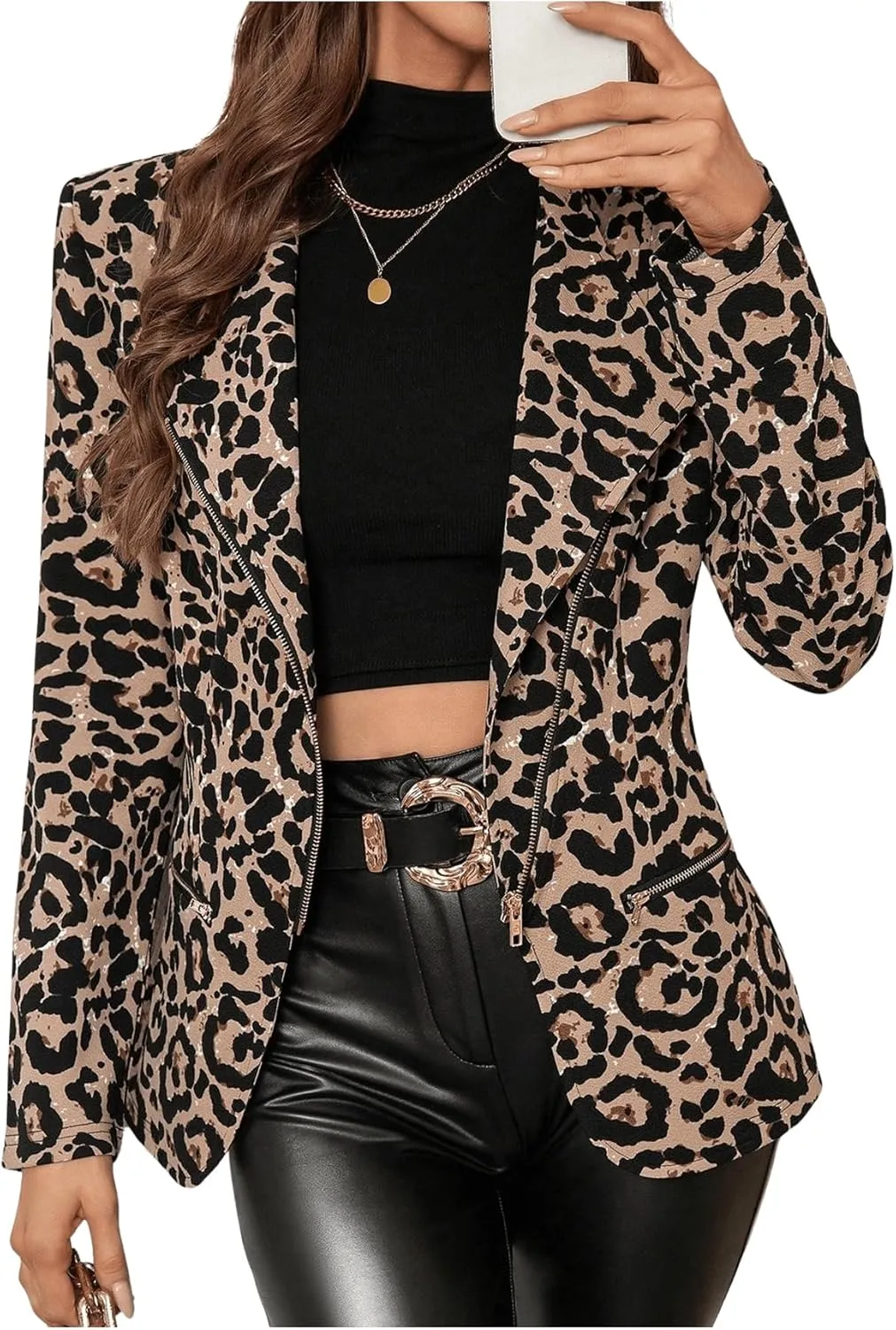 Floerns Women's Cheetah Print V Neck Blazers Zip Up Long Sleeve Jacket Coat