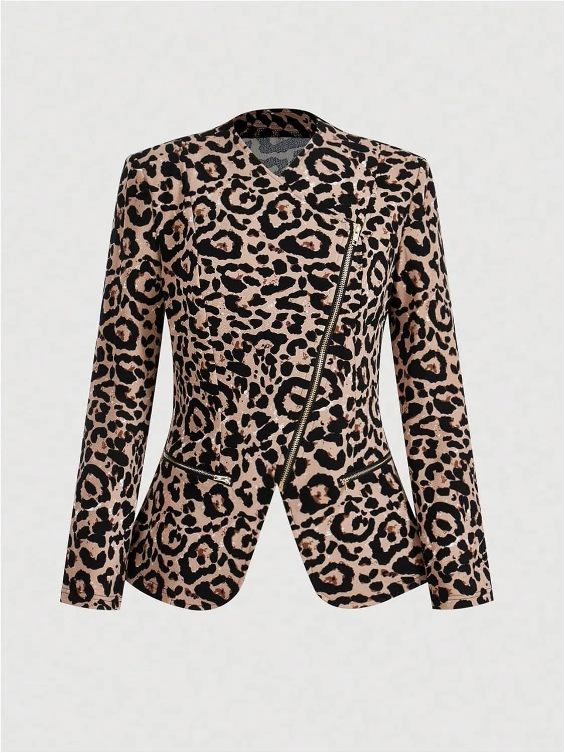 Floerns Women's Cheetah Print V Neck Blazers Zip Up Long Sleeve Jacket Coat