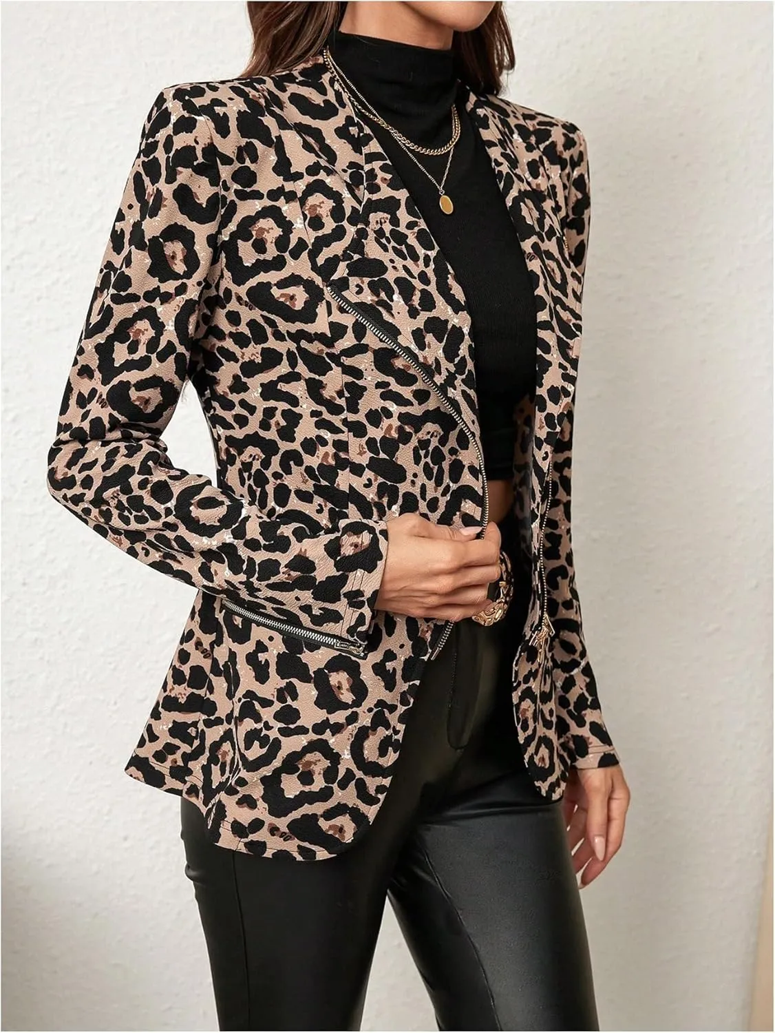 Floerns Women's Cheetah Print V Neck Blazers Zip Up Long Sleeve Jacket Coat