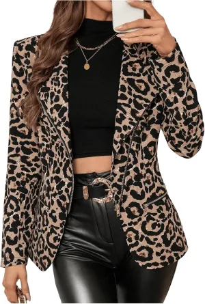 Floerns Women's Cheetah Print V Neck Blazers Zip Up Long Sleeve Jacket Coat