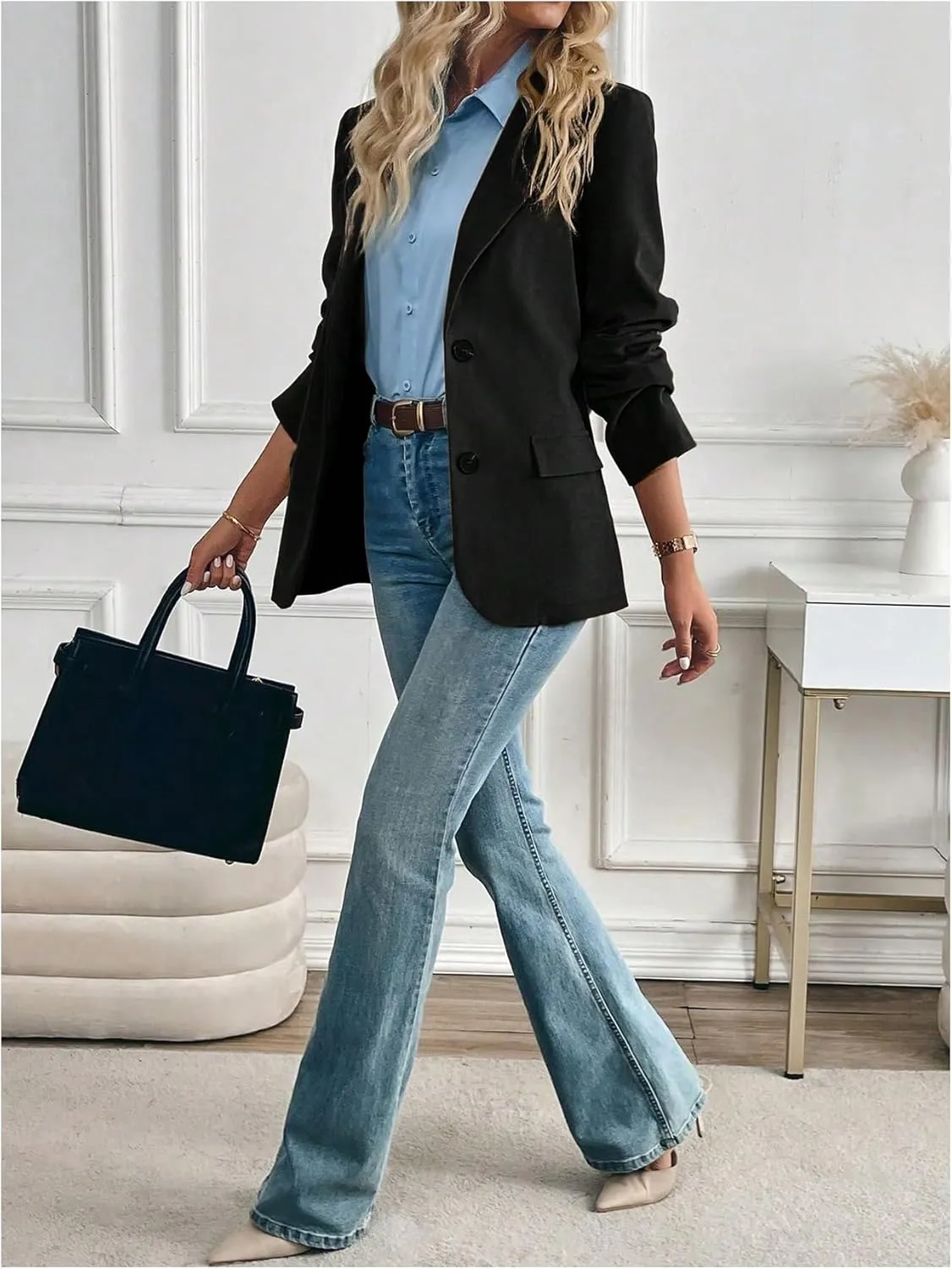 Floerns Women's Faux Suede Lapel Neck Blazers Button Down Long Sleeve Blazer Jacket