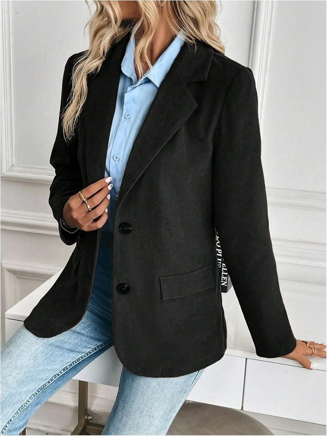 Floerns Women's Faux Suede Lapel Neck Blazers Button Down Long Sleeve Blazer Jacket