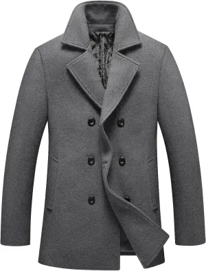 FTCayanz Men's Winter Pea Coat Slim Fit Trench Coats Double Breasted Warm Wool Blend Overcoat
