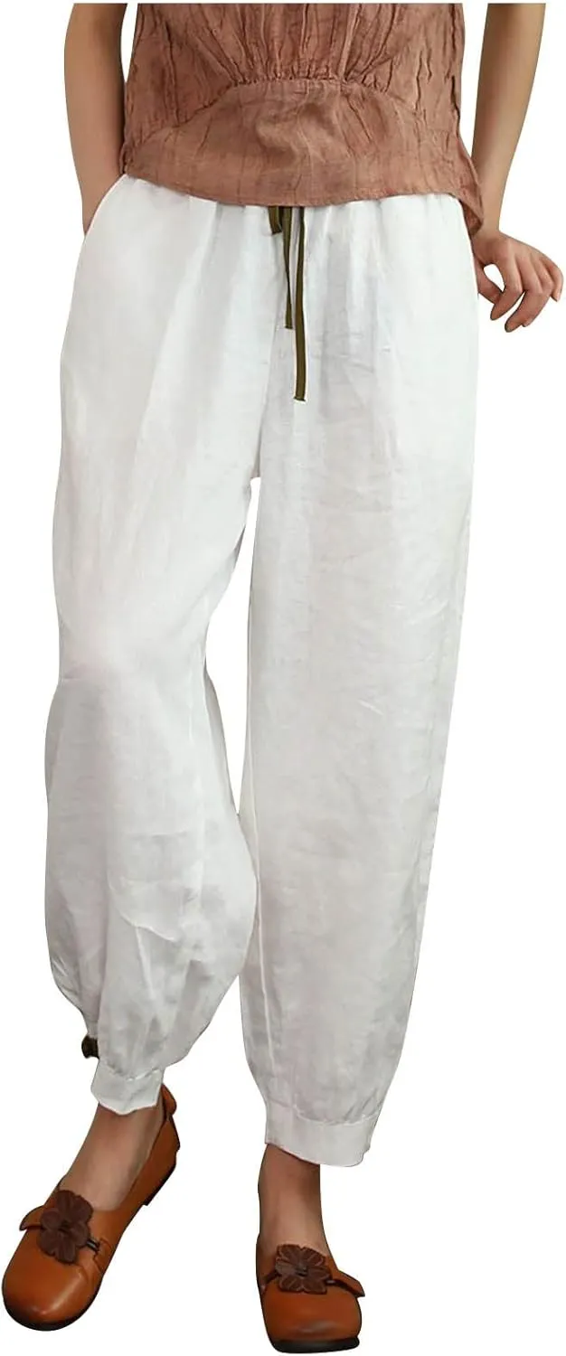 FZYLQY Linen Pants for Women Summer 2025 Casual Elastic Waist Trousers Relax Fit Comfy Palazzo Wide Leg Pants Sweatpants