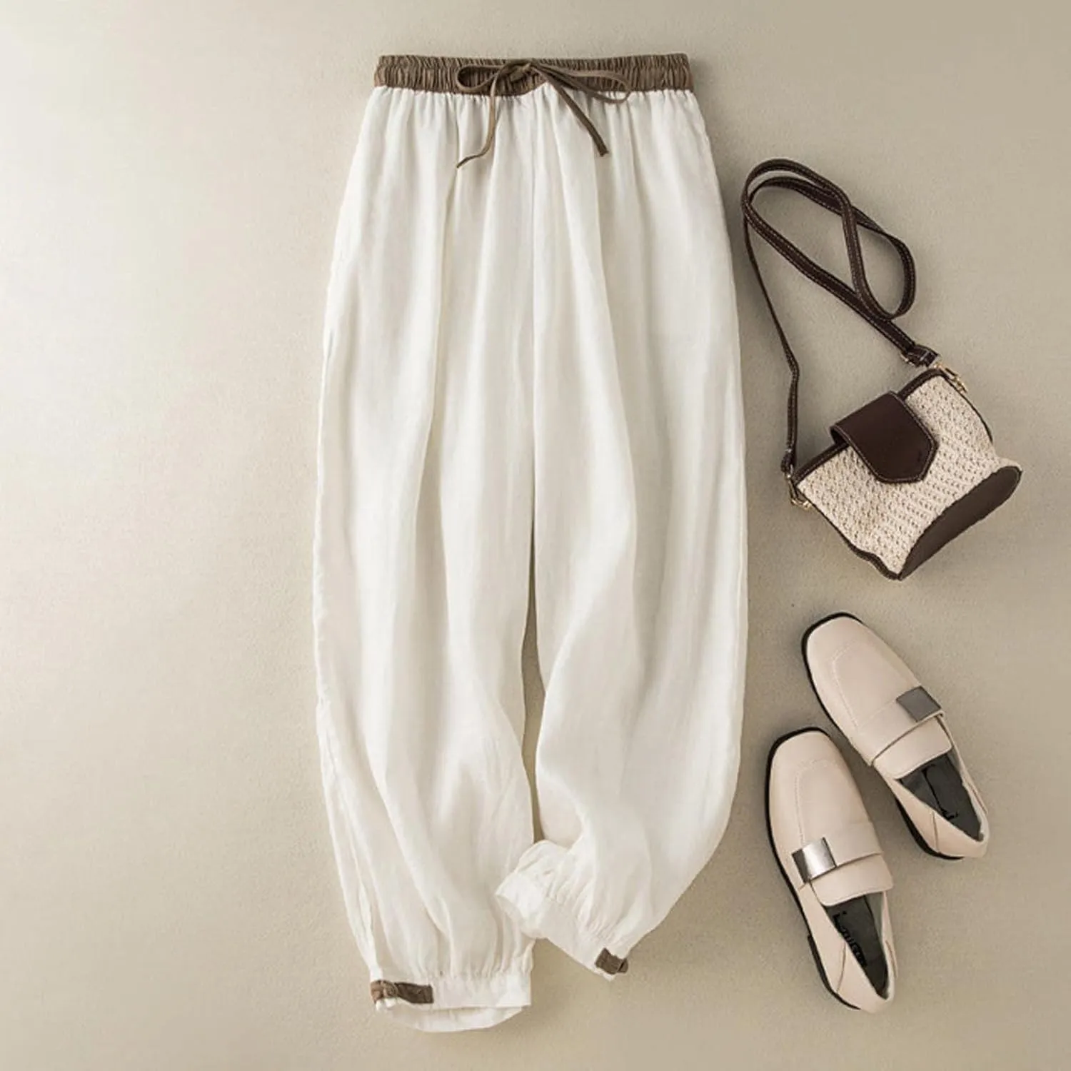 FZYLQY Linen Pants for Women Summer 2025 Casual Elastic Waist Trousers Relax Fit Comfy Palazzo Wide Leg Pants Sweatpants