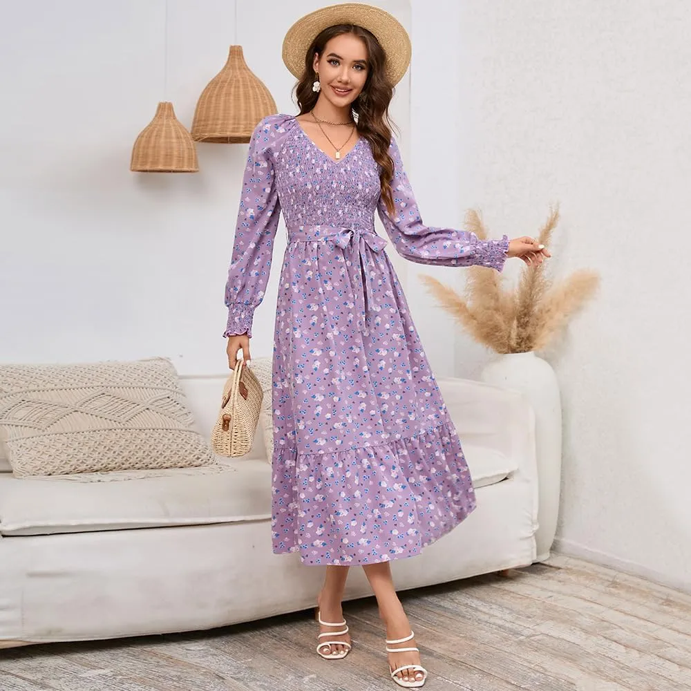 Geleglaer Women's 2023 Casual Long Sleeve Smocked Dress V Neck High Waist Ruffle Tie Midi Dress Plus Size Maxi Dress