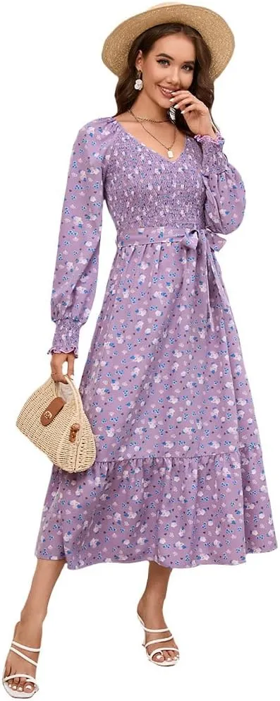 Geleglaer Women's 2023 Casual Long Sleeve Smocked Dress V Neck High Waist Ruffle Tie Midi Dress Plus Size Maxi Dress