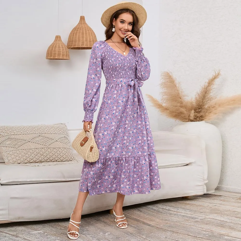 Geleglaer Women's 2023 Casual Long Sleeve Smocked Dress V Neck High Waist Ruffle Tie Midi Dress Plus Size Maxi Dress