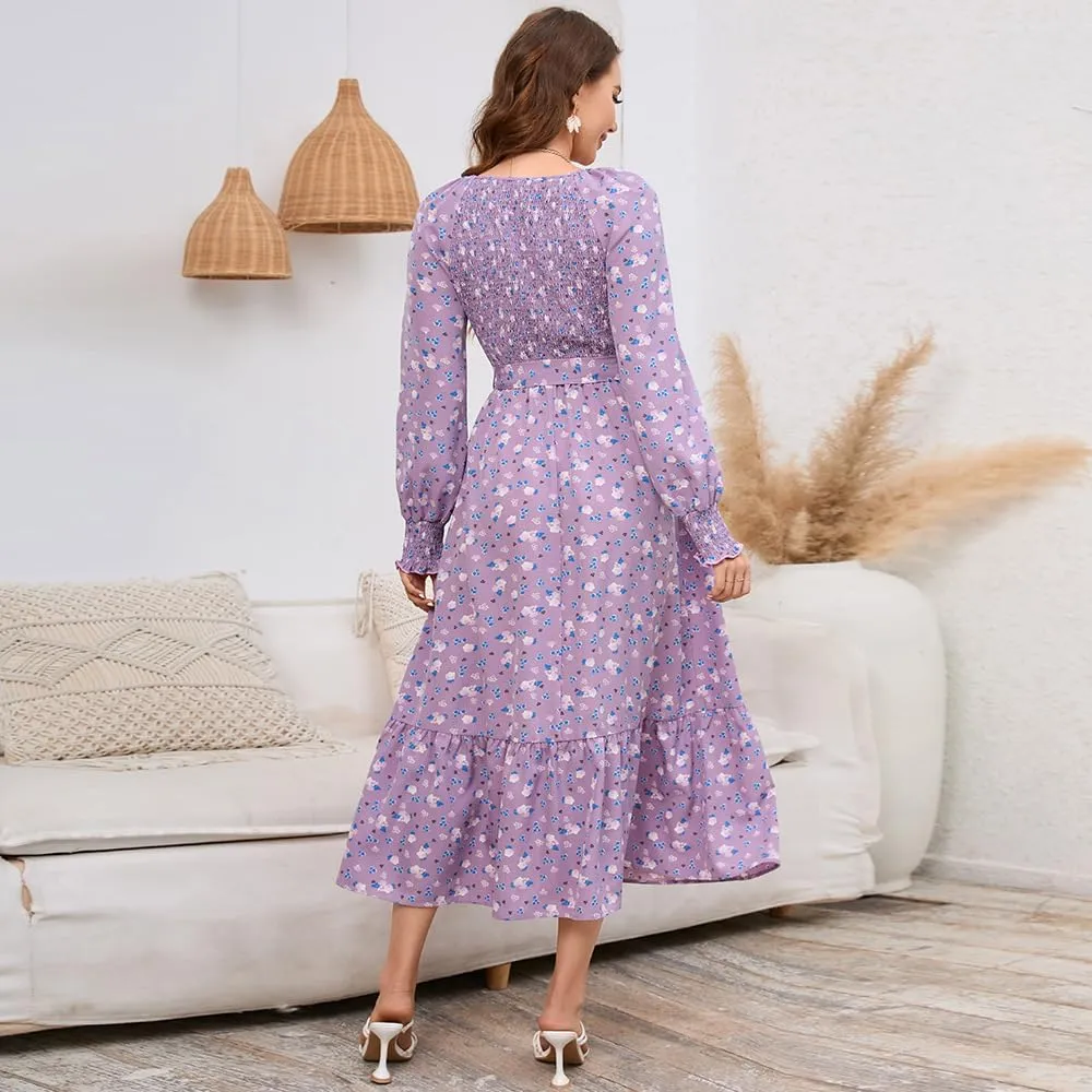 Geleglaer Women's 2023 Casual Long Sleeve Smocked Dress V Neck High Waist Ruffle Tie Midi Dress Plus Size Maxi Dress