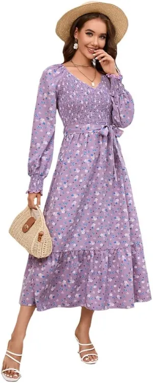 Geleglaer Women's 2023 Casual Long Sleeve Smocked Dress V Neck High Waist Ruffle Tie Midi Dress Plus Size Maxi Dress