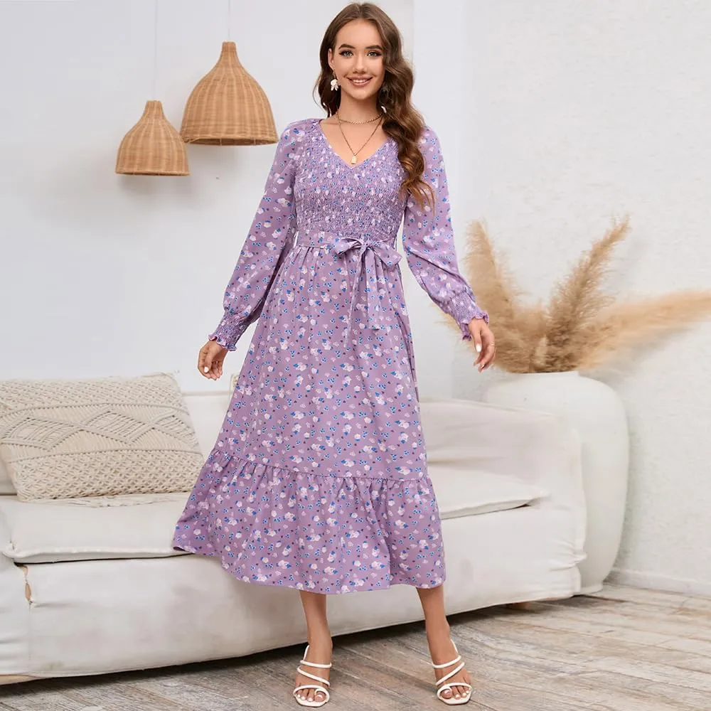 Geleglaer Women's 2023 Casual Long Sleeve Smocked Dress V Neck High Waist Ruffle Tie Midi Dress Plus Size Maxi Dress