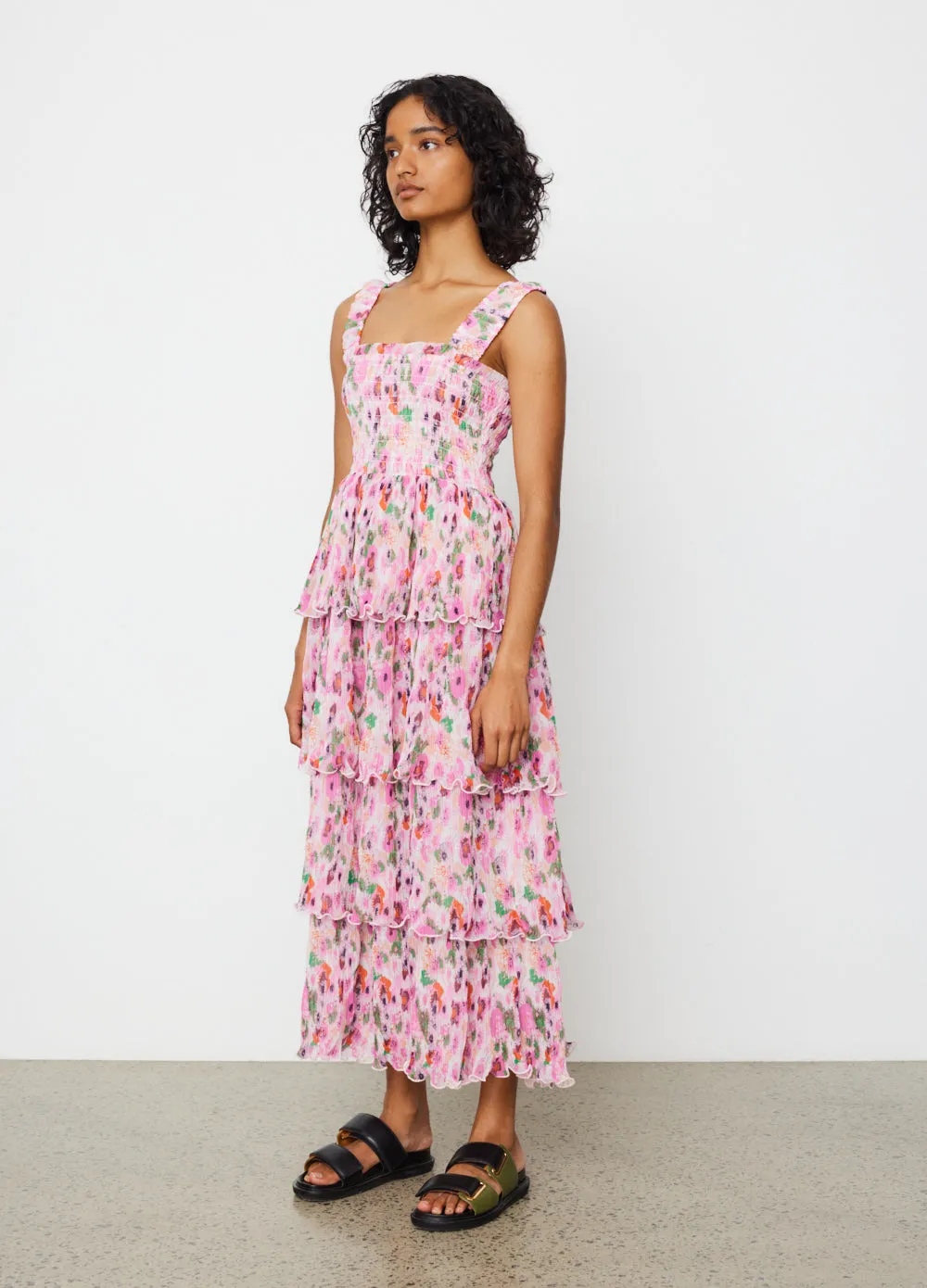Georgette Flounce Smock Dress