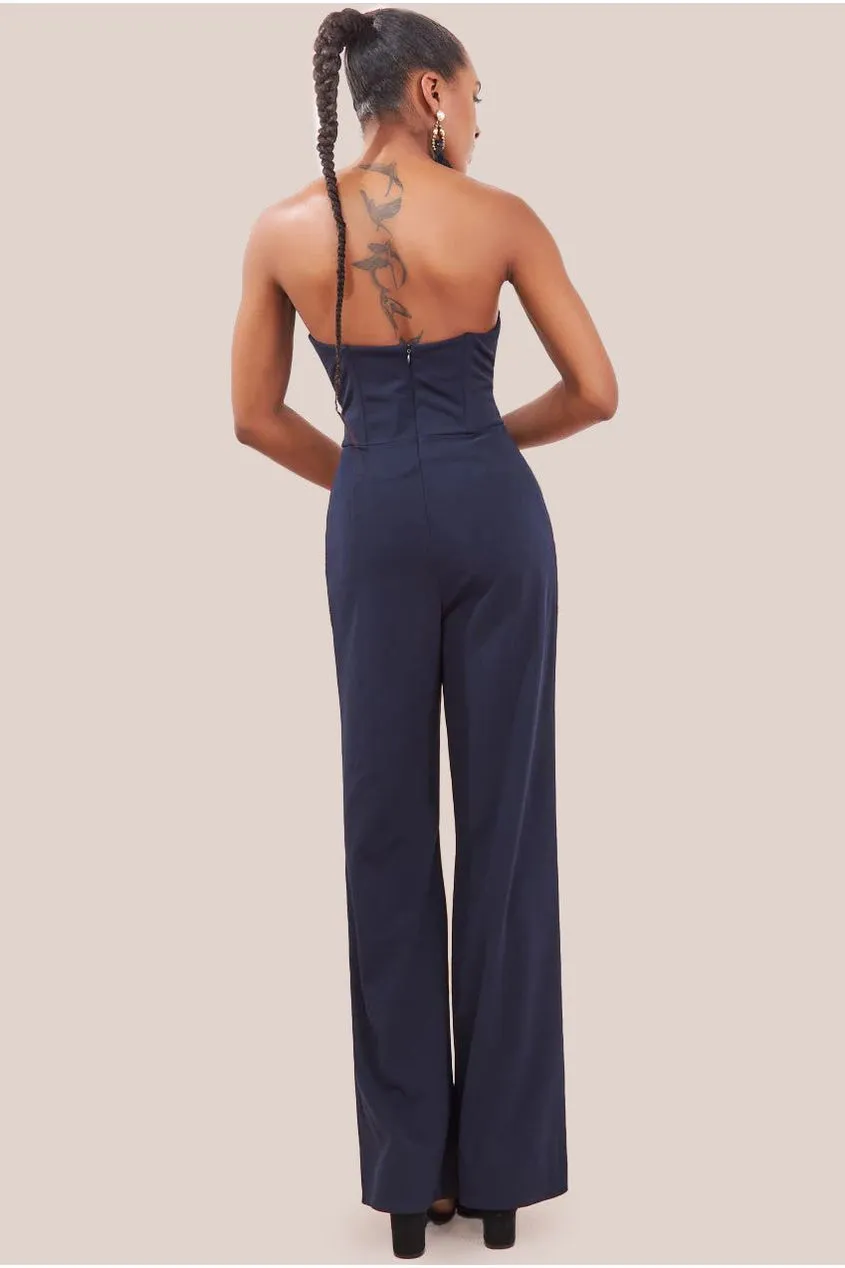 Goddiva Satin Collar Scuba Jumpsuit - Navy