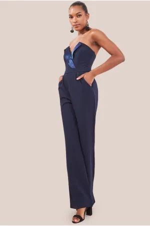 Goddiva Satin Collar Scuba Jumpsuit - Navy