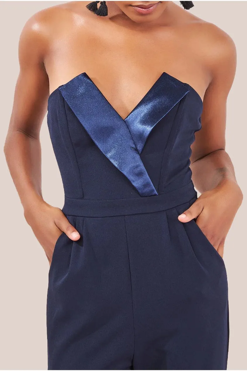 Goddiva Satin Collar Scuba Jumpsuit - Navy