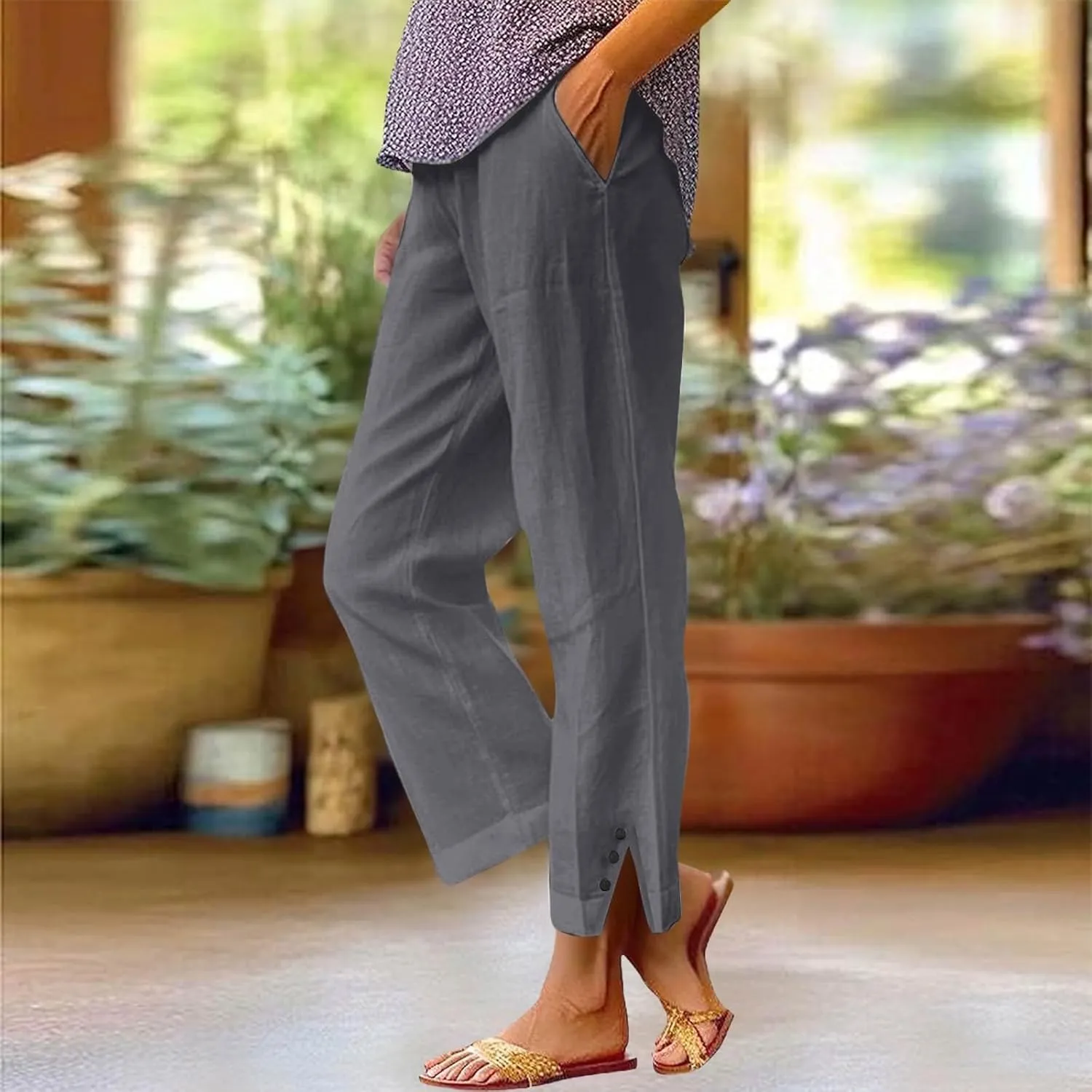 GOFULY Womens Linen Pants Wide Leg Office Casual High Waisted Pants Elastic Waist Summer Slim Fit Solid Trousers with Pockets
