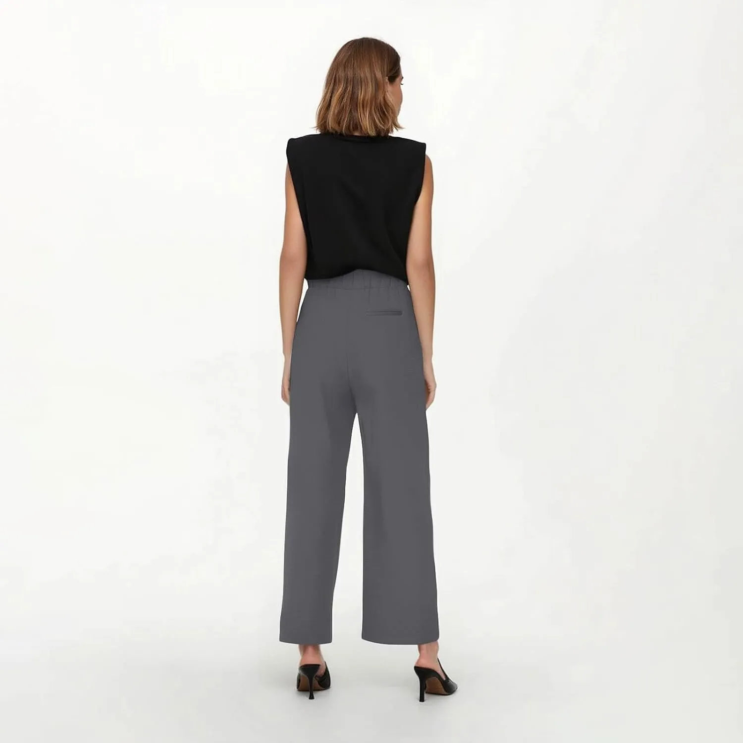 GOFULY Womens Linen Pants Wide Leg Office Casual High Waisted Pants Elastic Waist Summer Slim Fit Solid Trousers with Pockets