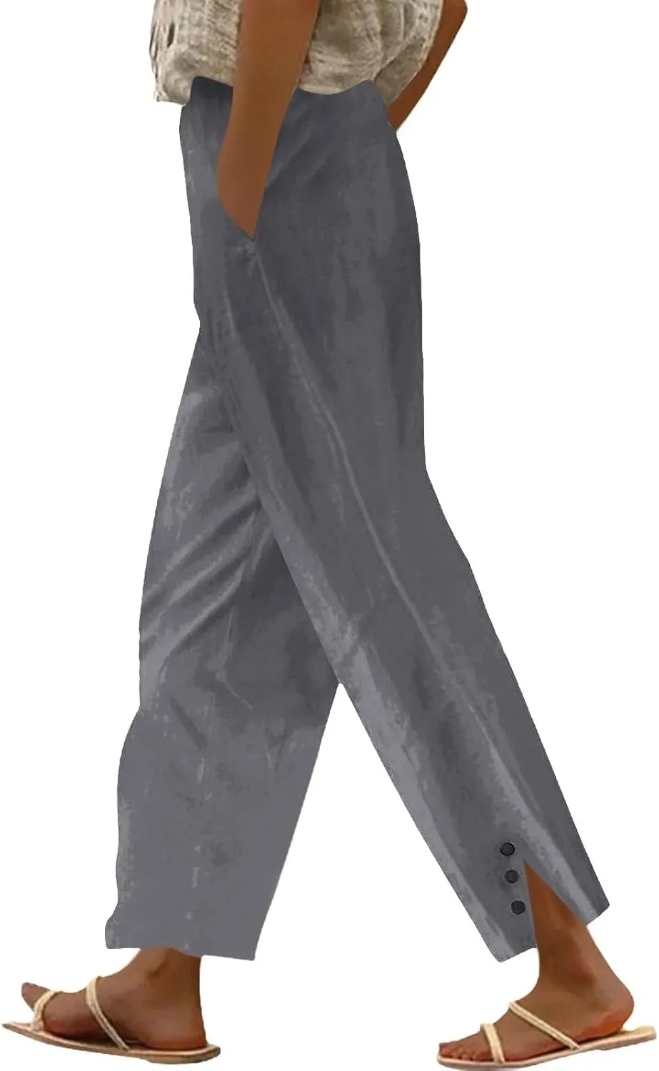 GOFULY Womens Linen Pants Wide Leg Office Casual High Waisted Pants Elastic Waist Summer Slim Fit Solid Trousers with Pockets