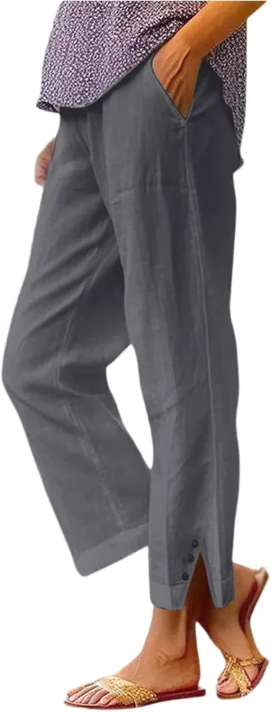 GOFULY Womens Linen Pants Wide Leg Office Casual High Waisted Pants Elastic Waist Summer Slim Fit Solid Trousers with Pockets