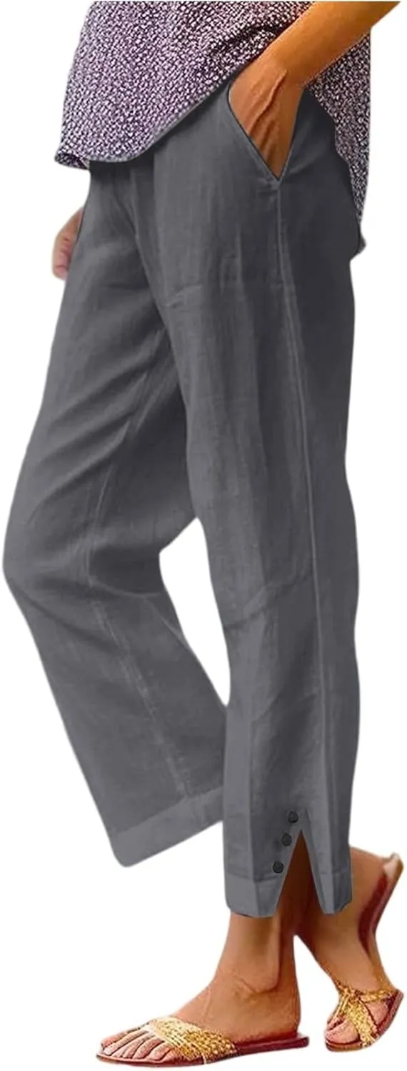 GOFULY Womens Linen Pants Wide Leg Office Casual High Waisted Pants Elastic Waist Summer Slim Fit Solid Trousers with Pockets