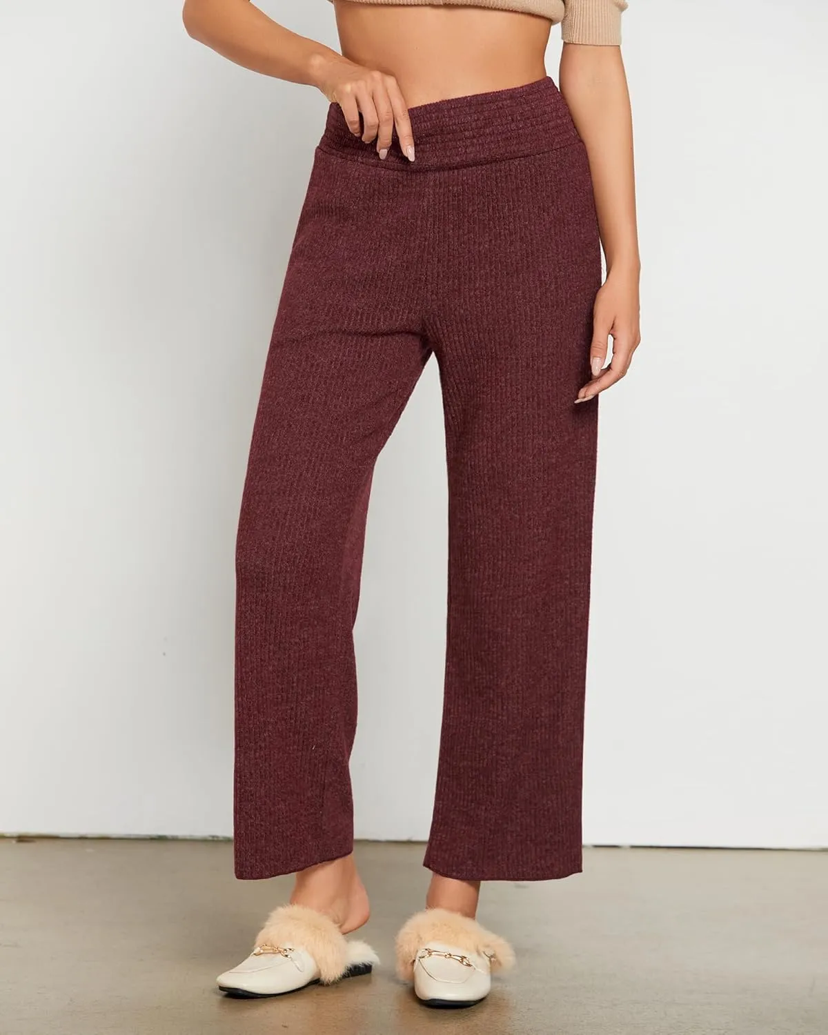 GRAPENT Ribbed Wide Leg Pants Woman High Waisted Pull On Lounge Fleece Knit Fall Smocked Elastic Waist Pants with Pocket