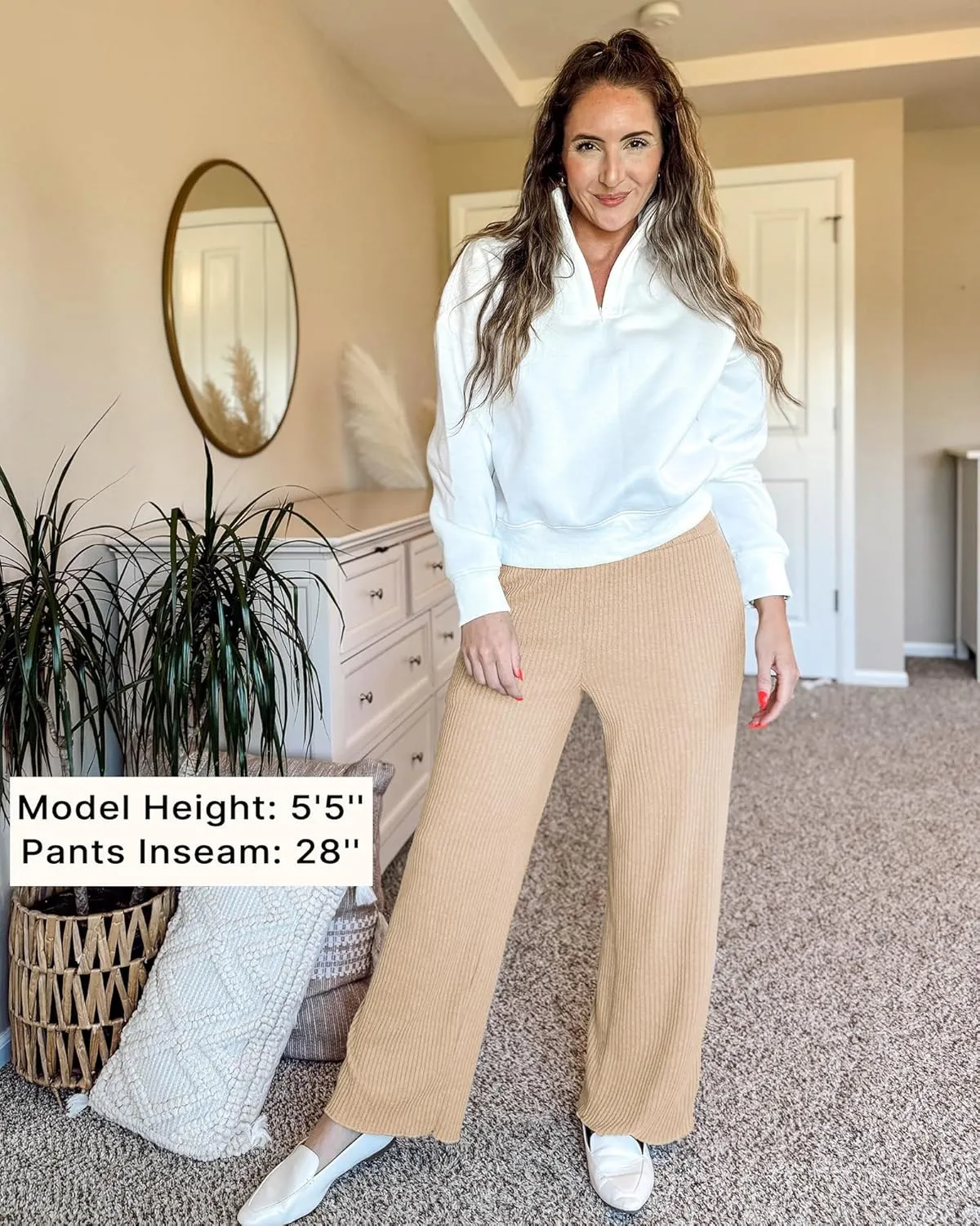 GRAPENT Ribbed Wide Leg Pants Woman High Waisted Pull On Lounge Fleece Knit Fall Smocked Elastic Waist Pants with Pocket