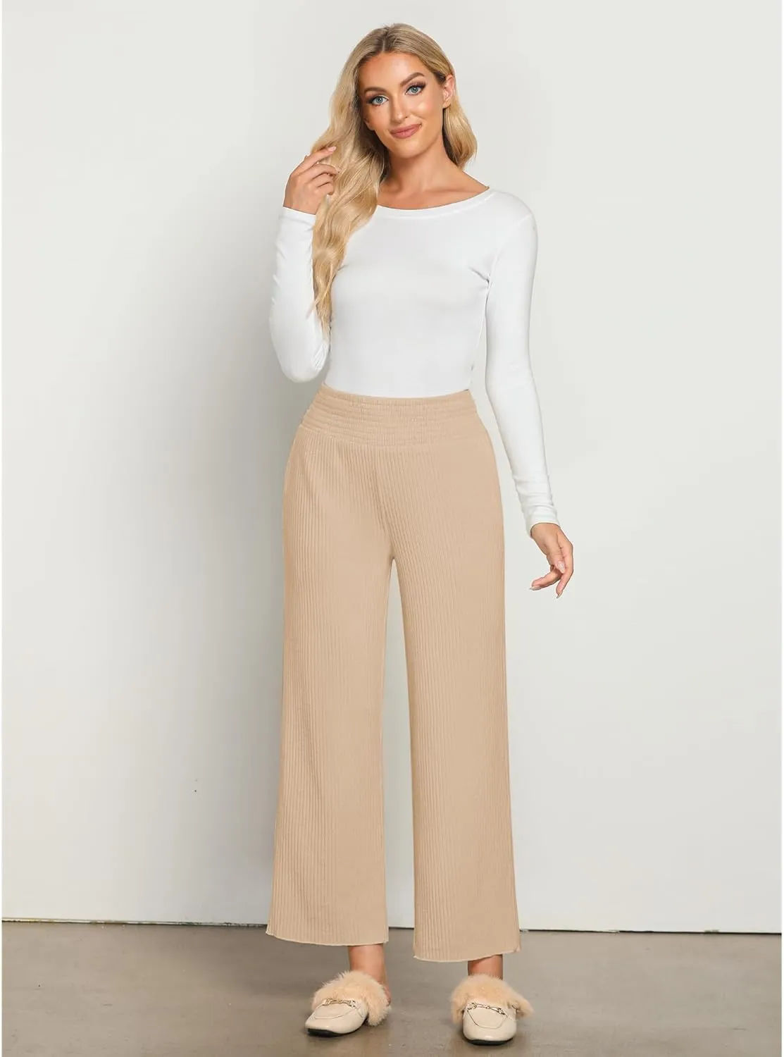 GRAPENT Ribbed Wide Leg Pants Woman High Waisted Pull On Lounge Fleece Knit Fall Smocked Elastic Waist Pants with Pocket