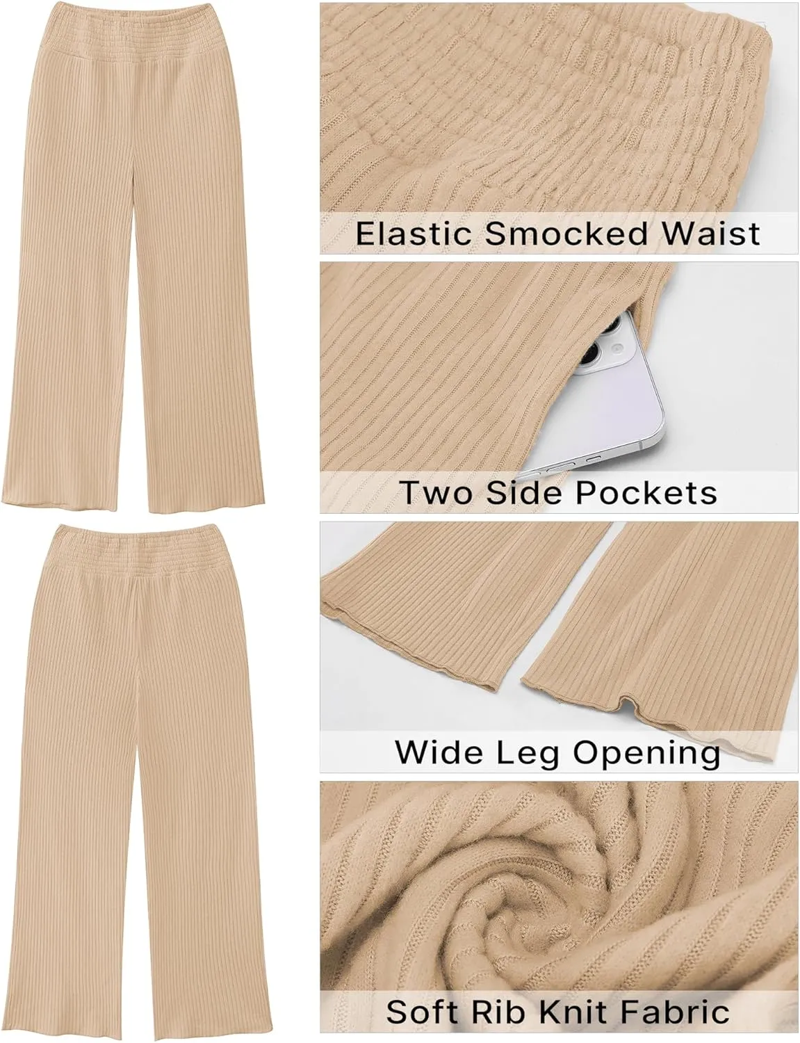 GRAPENT Ribbed Wide Leg Pants Woman High Waisted Pull On Lounge Fleece Knit Fall Smocked Elastic Waist Pants with Pocket