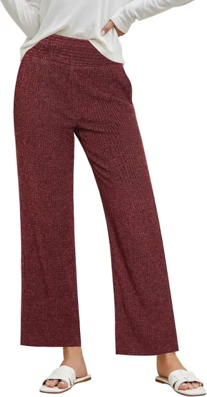 GRAPENT Ribbed Wide Leg Pants Woman High Waisted Pull On Lounge Fleece Knit Fall Smocked Elastic Waist Pants with Pocket