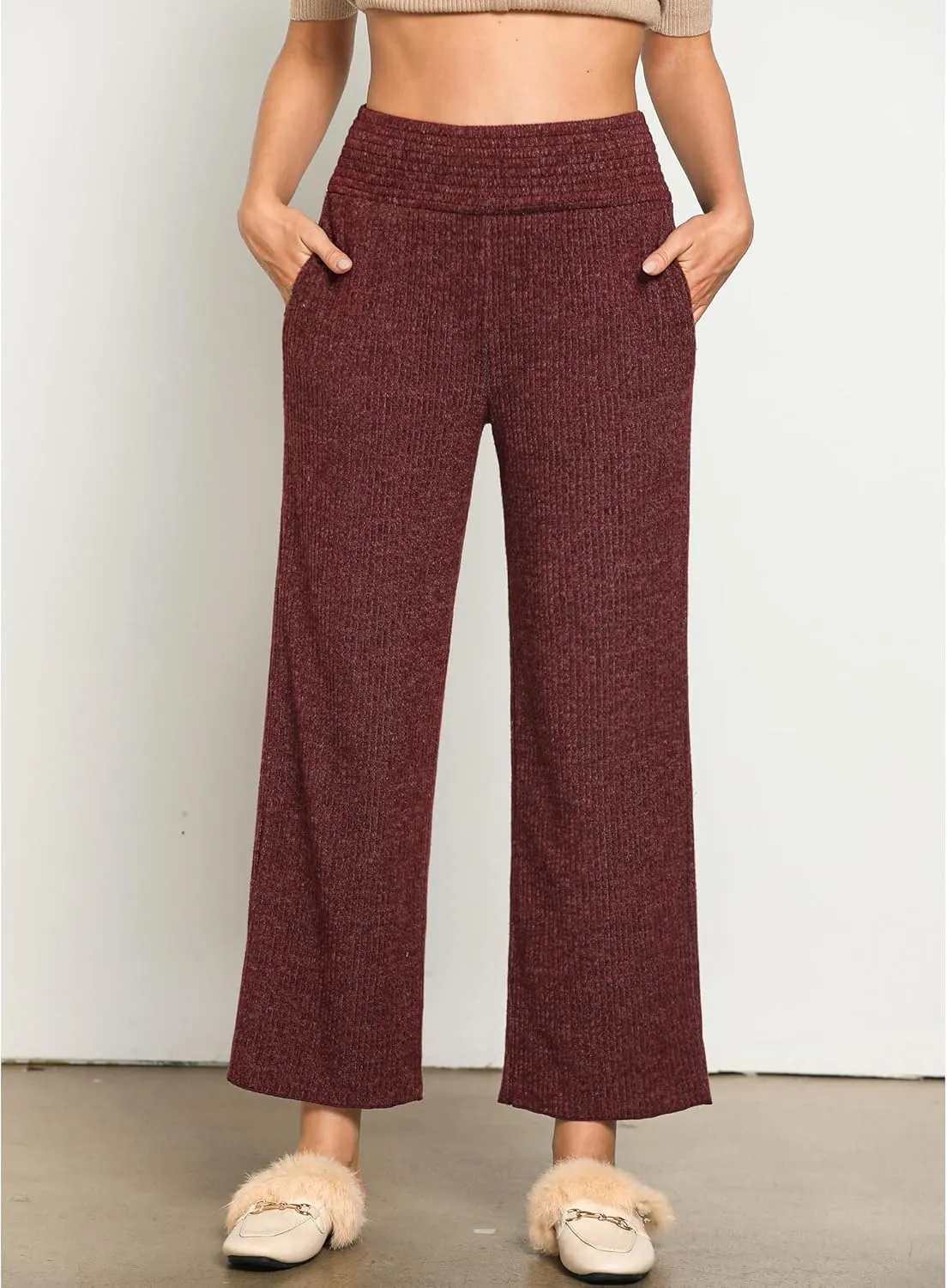 GRAPENT Ribbed Wide Leg Pants Woman High Waisted Pull On Lounge Fleece Knit Fall Smocked Elastic Waist Pants with Pocket