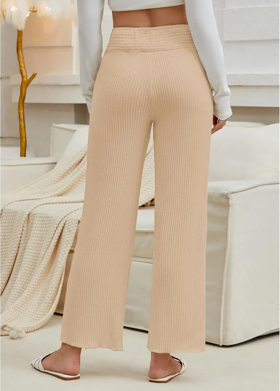 GRAPENT Ribbed Wide Leg Pants Woman High Waisted Pull On Lounge Fleece Knit Fall Smocked Elastic Waist Pants with Pocket