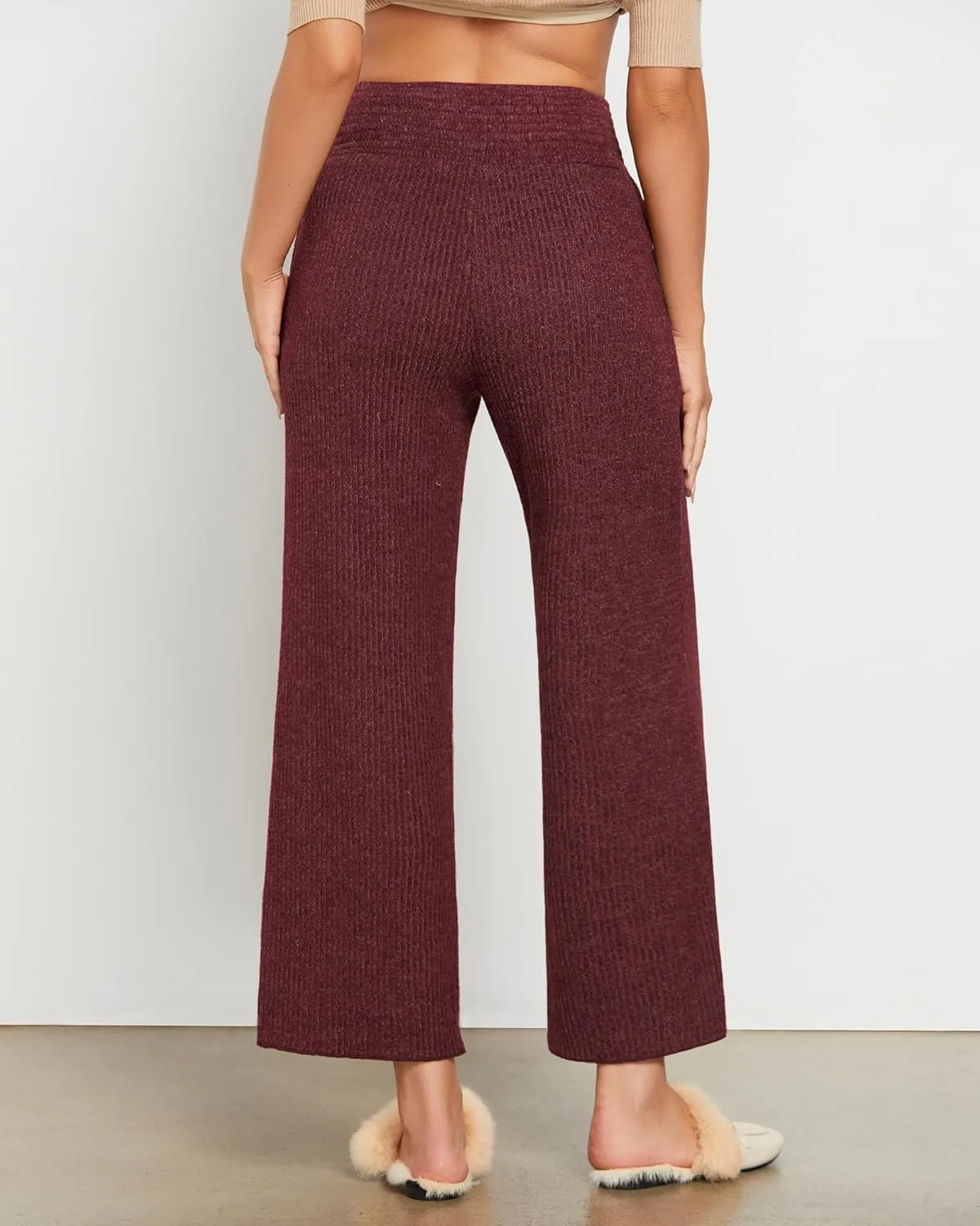 GRAPENT Ribbed Wide Leg Pants Woman High Waisted Pull On Lounge Fleece Knit Fall Smocked Elastic Waist Pants with Pocket