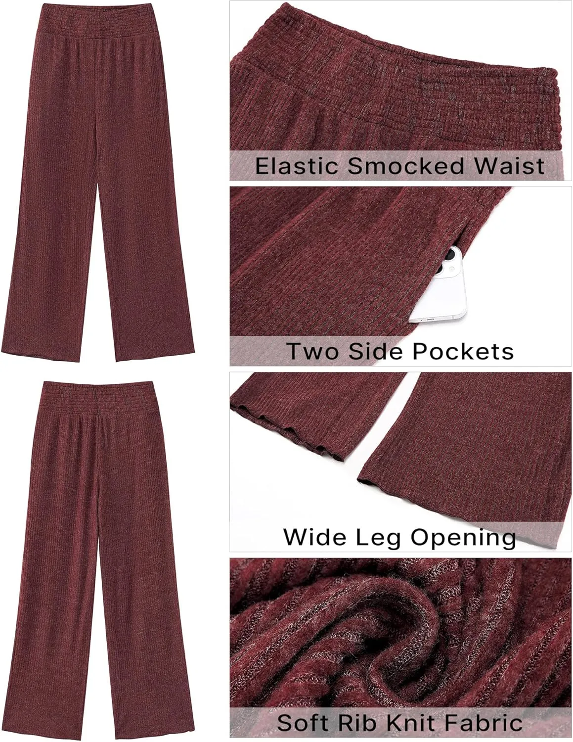 GRAPENT Ribbed Wide Leg Pants Woman High Waisted Pull On Lounge Fleece Knit Fall Smocked Elastic Waist Pants with Pocket