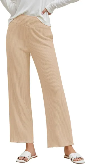 GRAPENT Ribbed Wide Leg Pants Woman High Waisted Pull On Lounge Fleece Knit Fall Smocked Elastic Waist Pants with Pocket