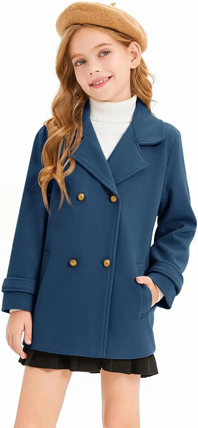 Haloumoning Girls Peacoat Winter Dress Coat Double Breasted Kids Notch Lapel Fall Outerwear Jackets with Pockets 3-10 Years