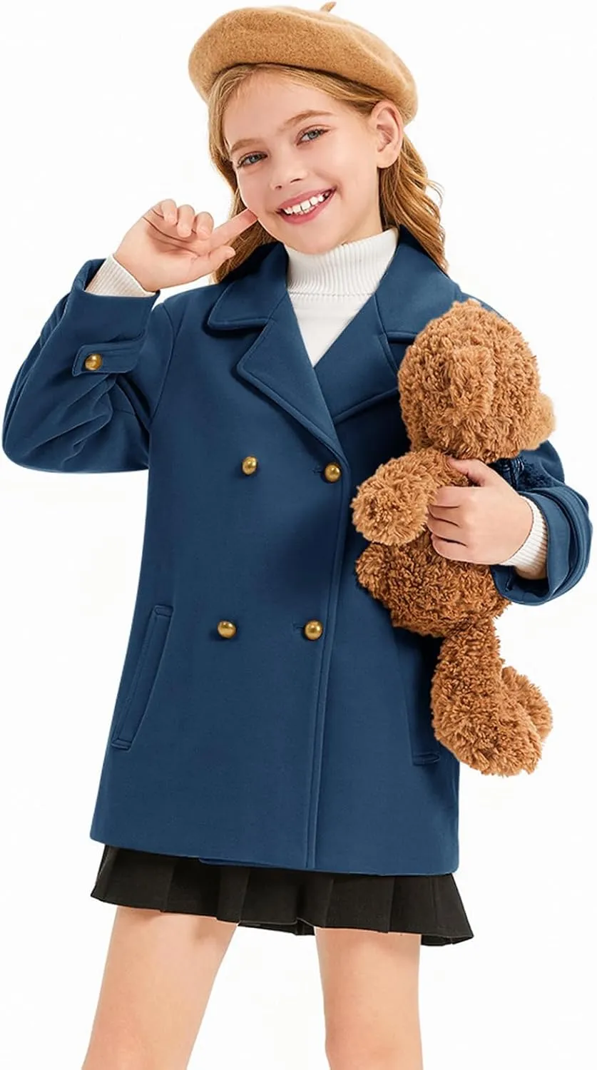 Haloumoning Girls Peacoat Winter Dress Coat Double Breasted Kids Notch Lapel Fall Outerwear Jackets with Pockets 3-10 Years