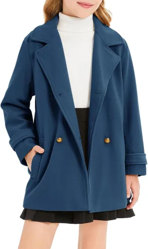 Haloumoning Girls Peacoat Winter Dress Coat Double Breasted Kids Notch Lapel Fall Outerwear Jackets with Pockets 3-10 Years