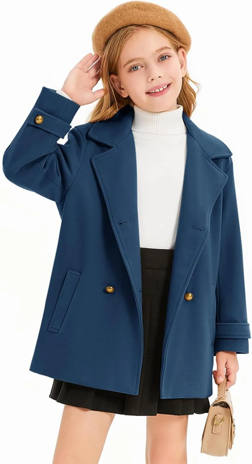 Haloumoning Girls Peacoat Winter Dress Coat Double Breasted Kids Notch Lapel Fall Outerwear Jackets with Pockets 3-10 Years