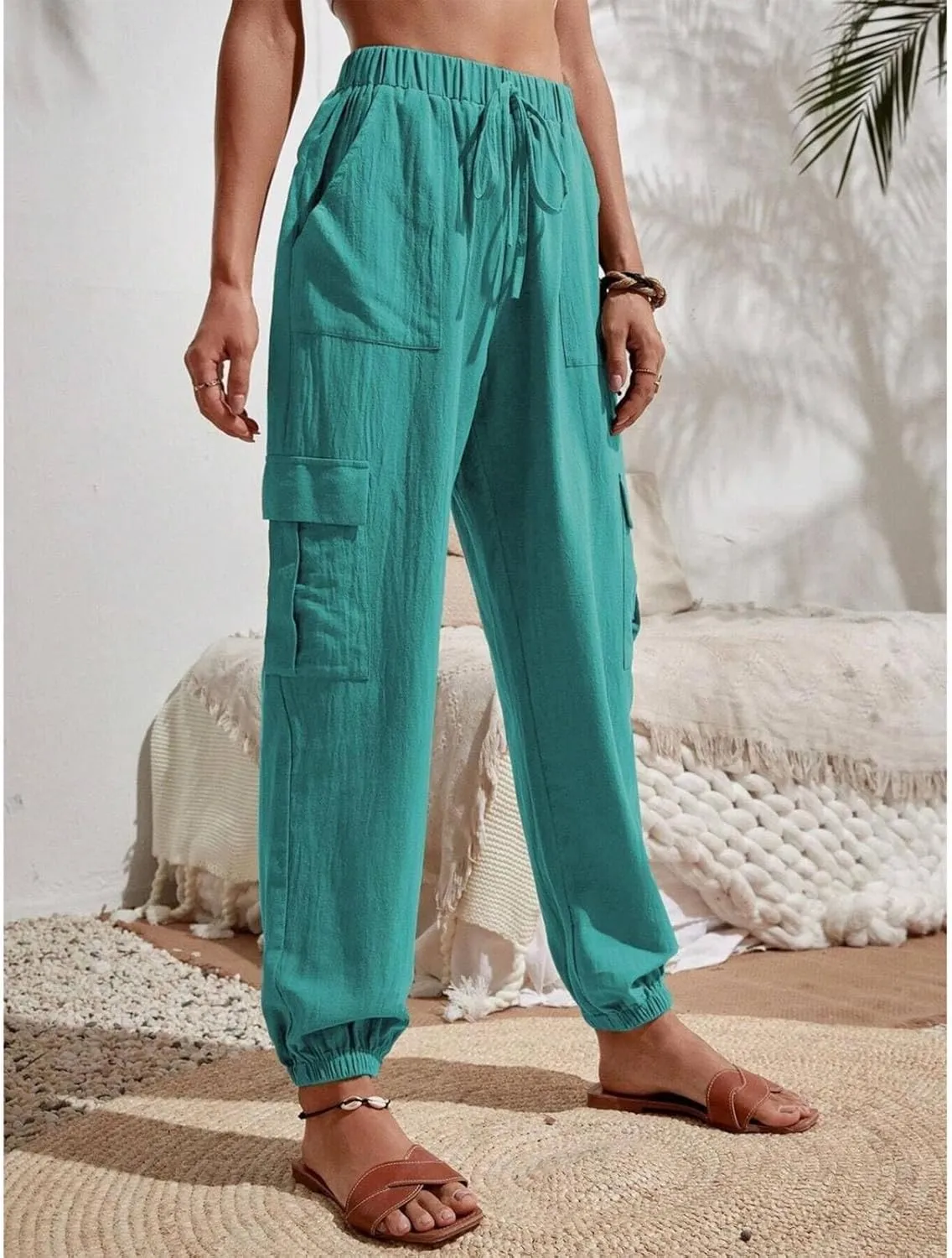 Harem Pants for Women Casual Comfy Drawstring Elastic Waist Cargo Joggers Summer Lounge Beach Pants with Pockets