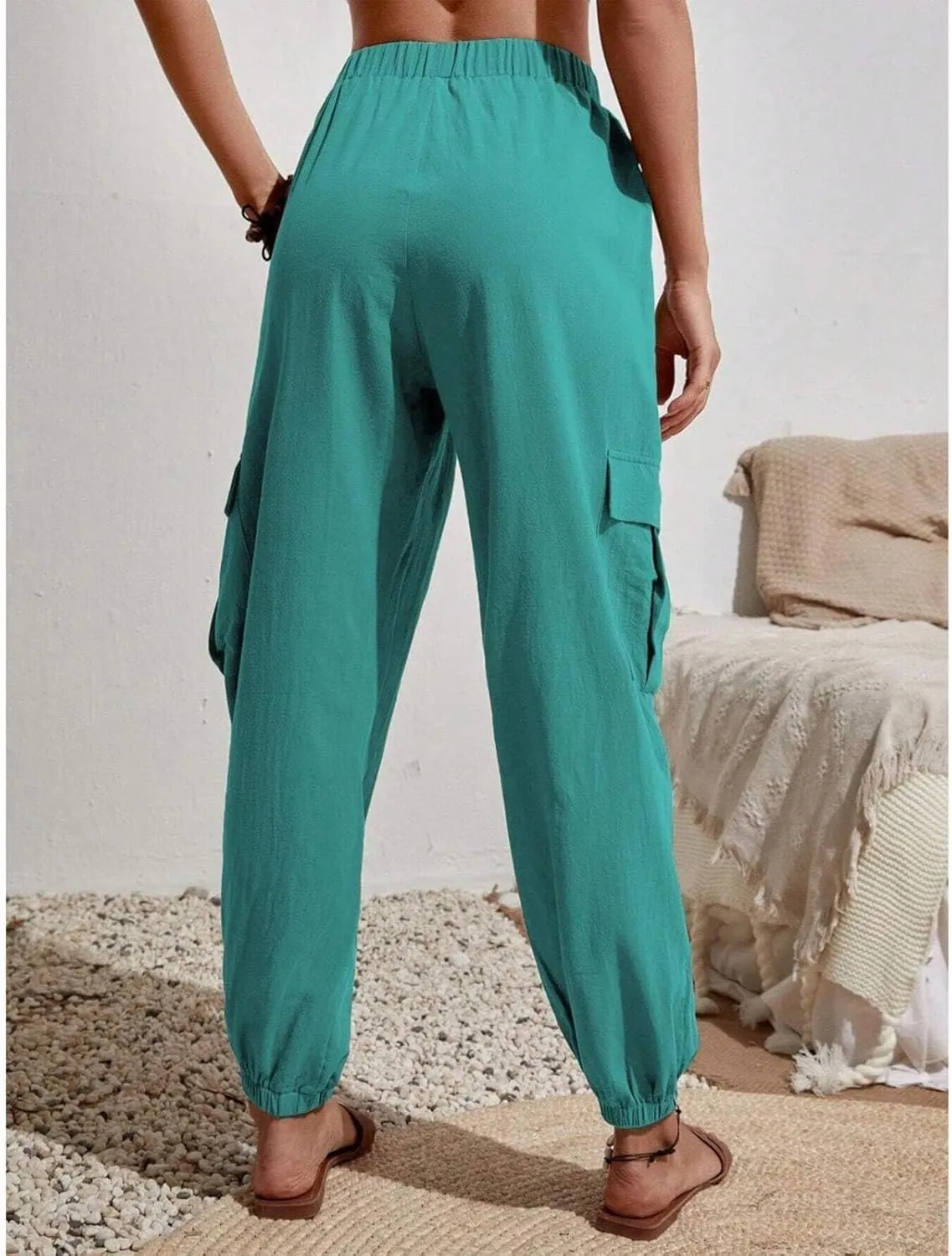 Harem Pants for Women Casual Comfy Drawstring Elastic Waist Cargo Joggers Summer Lounge Beach Pants with Pockets