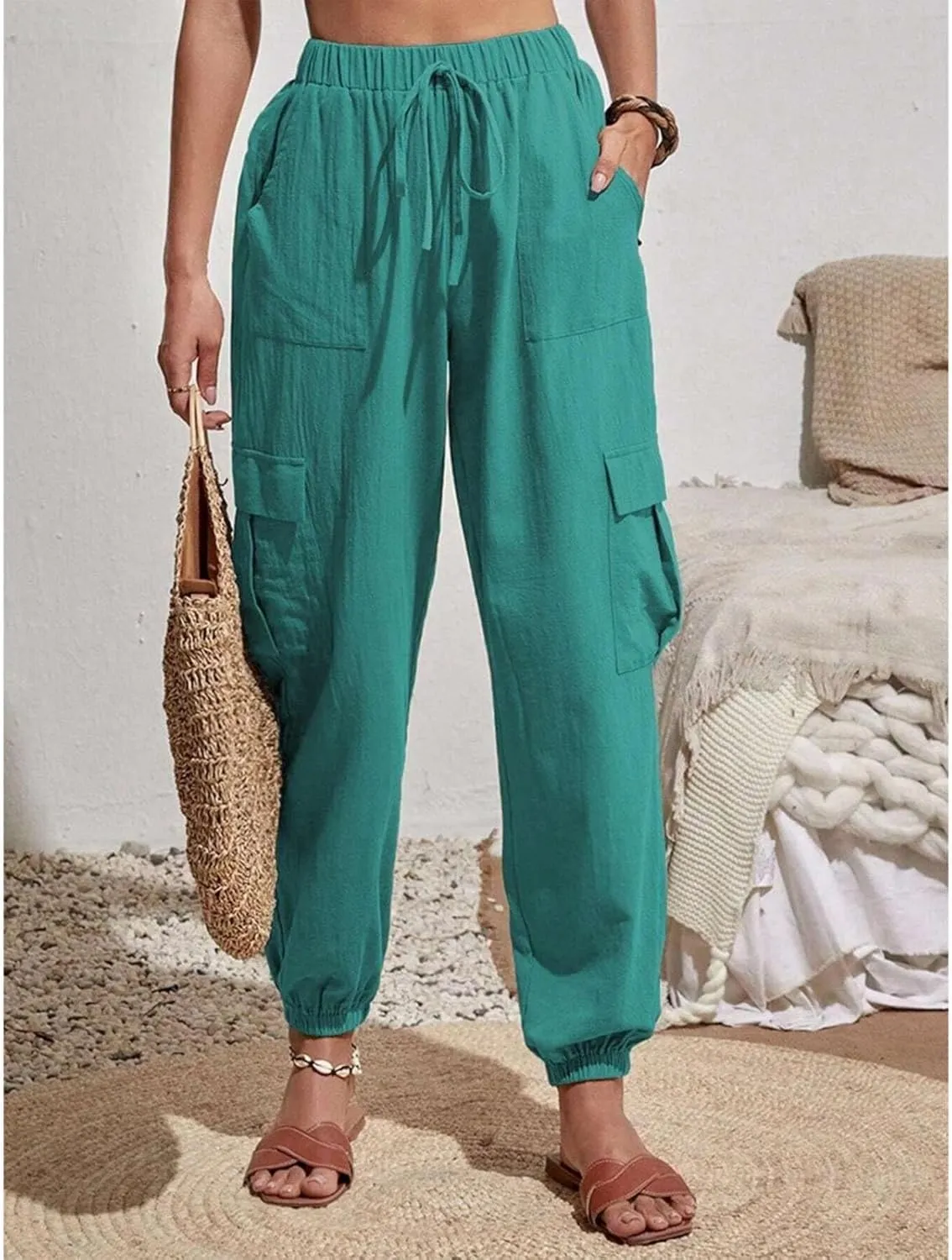Harem Pants for Women Casual Comfy Drawstring Elastic Waist Cargo Joggers Summer Lounge Beach Pants with Pockets