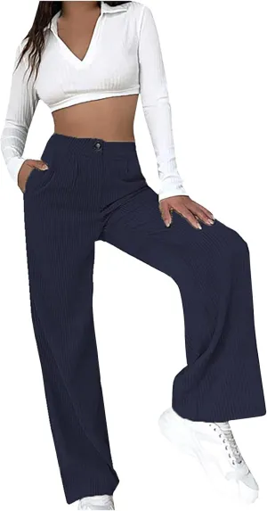 HGps8w Womens High Waist Corduroy Pants Y2K Straight Wide Leg Casual Workout Trousers with Pocket Teen Girls Baggy Streetwear
