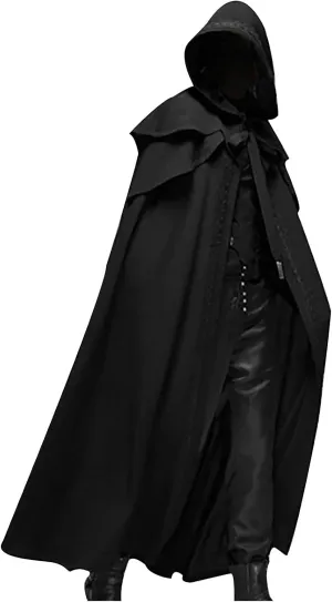 hhaappyy Men's Halloween Hooded Robe Cloak Full Length Cape Knight Fancy Cool Cosplay Costume Retro Gothic Hooded Cloak Capes, Black, X-Large